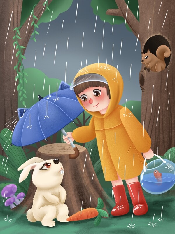 二十四节气谷雨之女孩为小兔子撑伞背景设计