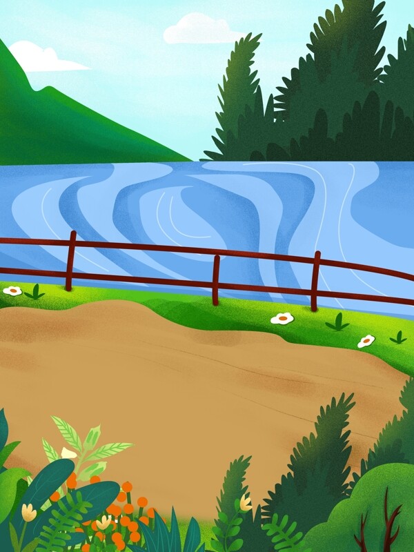 春天清新河邊風(fēng)景插畫背景