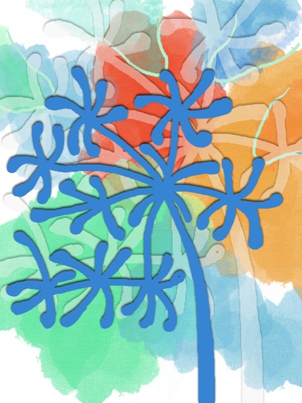简约手绘蓝色雪花树客厅装饰画