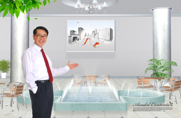 水池旁的盆栽和商務(wù)男士