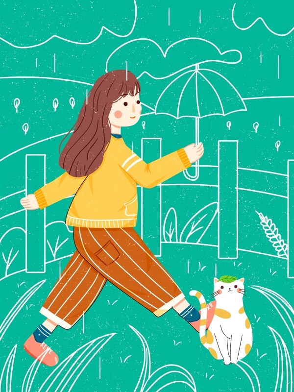 春天谷雨春分女孩拿伞给猫咪挡雨