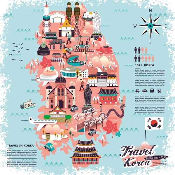 粉色系韩国旅行地标美食手绘地图矢量素材