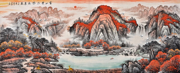 中式紫气东来手绘山水无框画