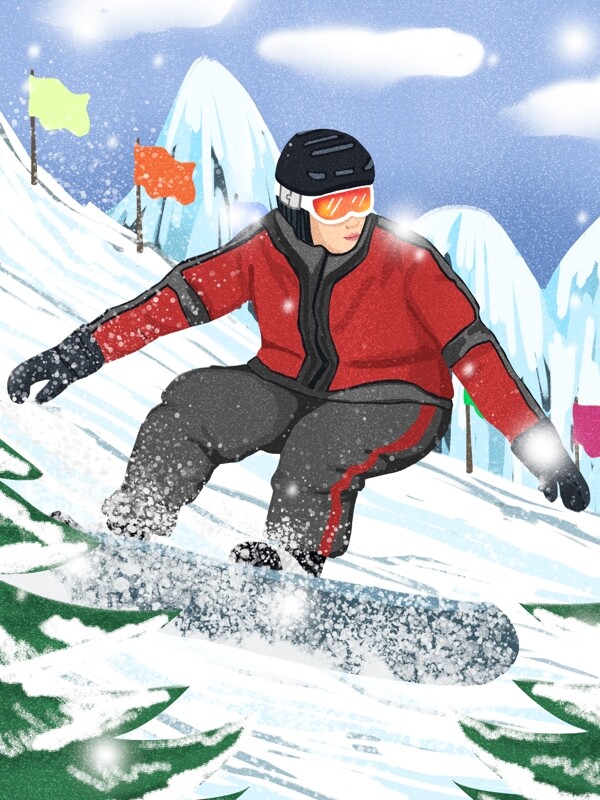 滑雪肌理写实冬季男孩雪山滑雪