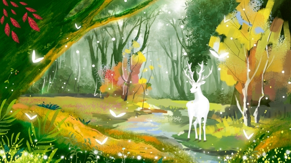 唯美创意手绘治愈系林深时见鹿插画