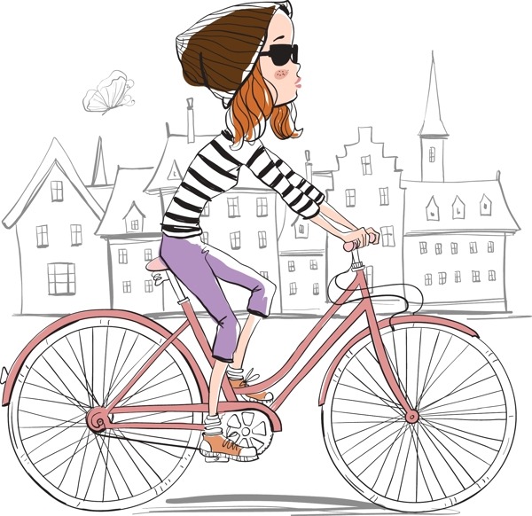 手绘骑自行车的女生插画