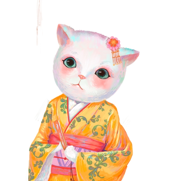 彩绘猫头日式人物元素设计
