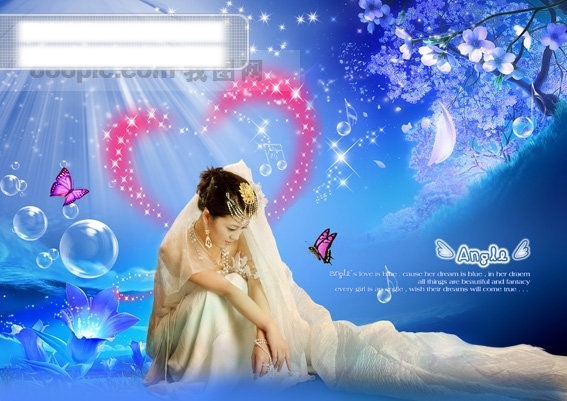 人物人物蓝色背景穿婚纱的新娘蝴蝶透明气泡星星音符心型