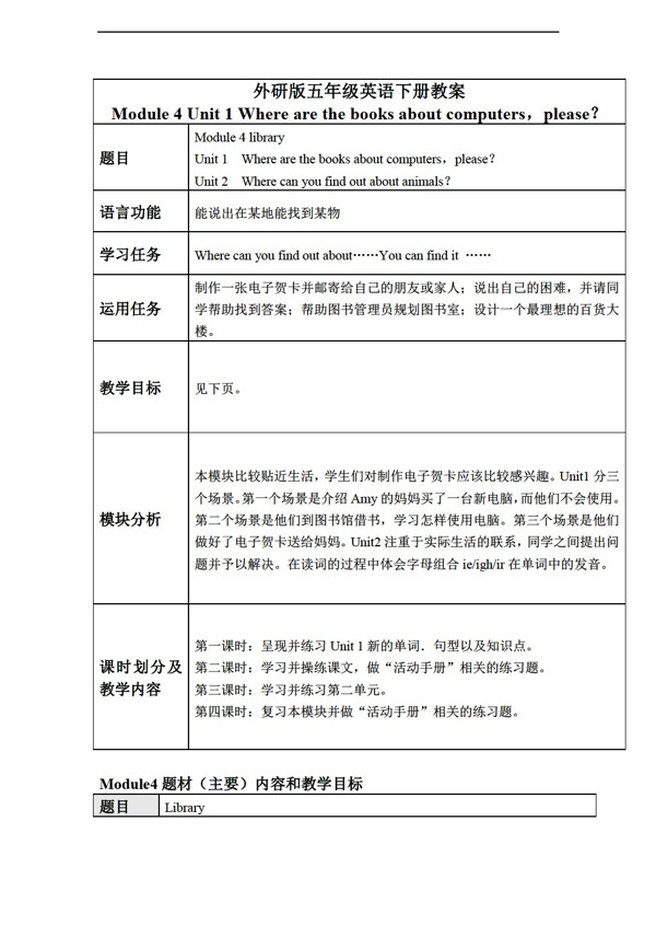 五年級(jí)下英語(yǔ)下冊(cè)教案module4unit1