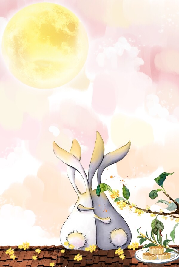 手绘卡通桂花月亮兔子背景