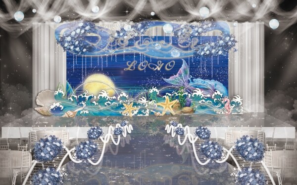 海洋蓝色夏日婚礼舞台工装效果图