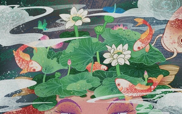 錦鯉少女水彩國(guó)風(fēng)插畫(huà)卡通背景