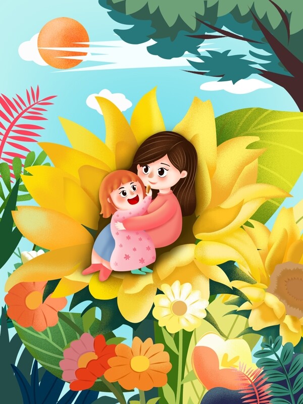 幸福像花一样亲子母女向日葵嬉戏创意插画