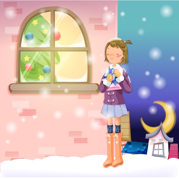 女孩抱着礼物站在窗外矢量素材