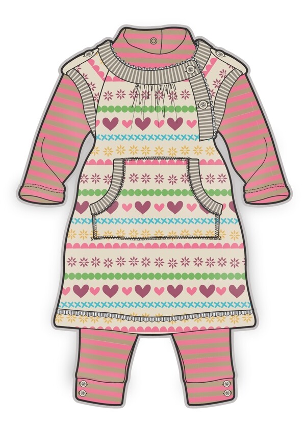 连体两件套女宝宝服装设计彩色矢量原稿