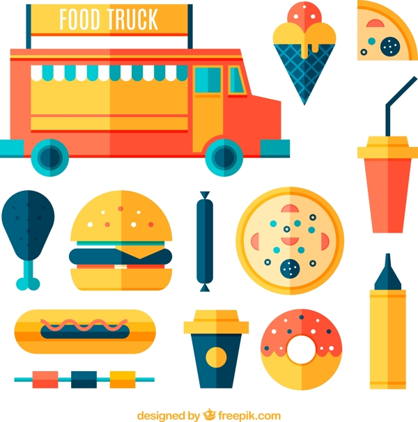 13款扁平化快餐车用食物与调料矢量图