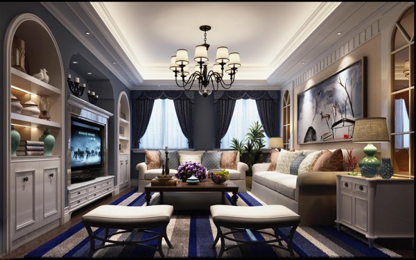 宽敞别墅简欧白色浪漫风格客厅沙发效果图