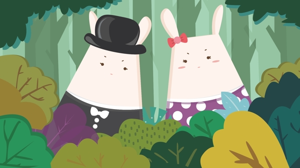 可爱情侣兔兔森林草丛宠物礼帽领结树林清新
