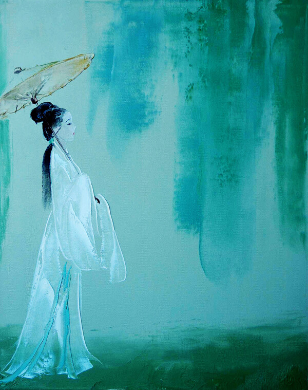 撑着伞的白素珍油画图片