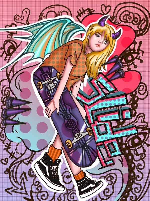 滑板女孩酷翅膀板鞋涂鸦pop运动炫彩波点