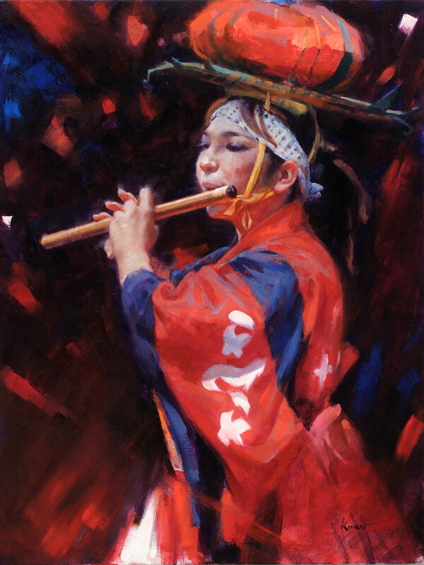 吹笛子的西方美女油画图片
