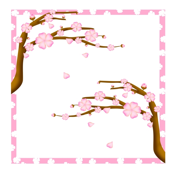 粉色卡通樱花花朵花枝树干边框元素