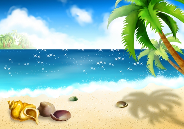 手绘卡通沙滩椰树风景插画图片