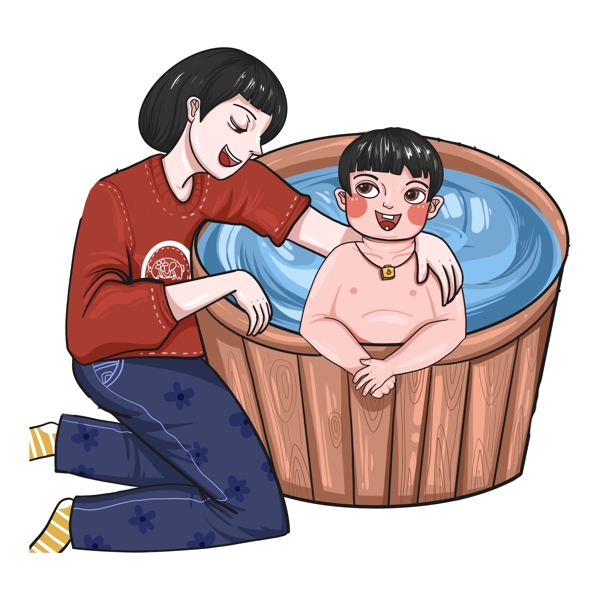 给孩子洗澡的母亲元素素材