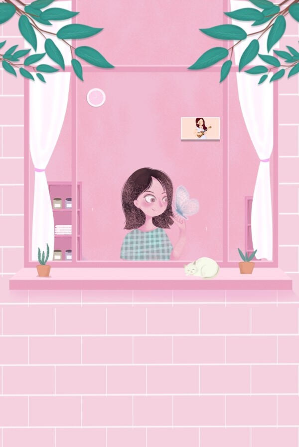 粉色清新窗边女孩手绘海报