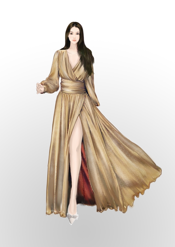 服装设计效果图金色亮丝飘逸长裙