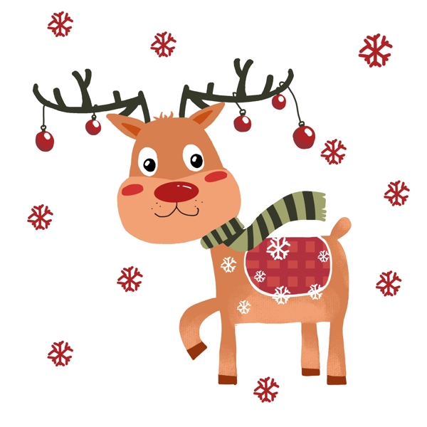 圣诞节可爱小鹿红色雪花手绘素材PNG图片海报