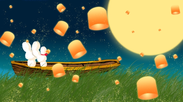 中秋节夜里兔子在船上欣赏月亮插画