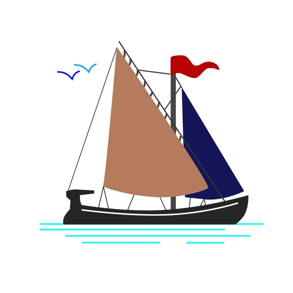 蓝色的帆船手绘插画
