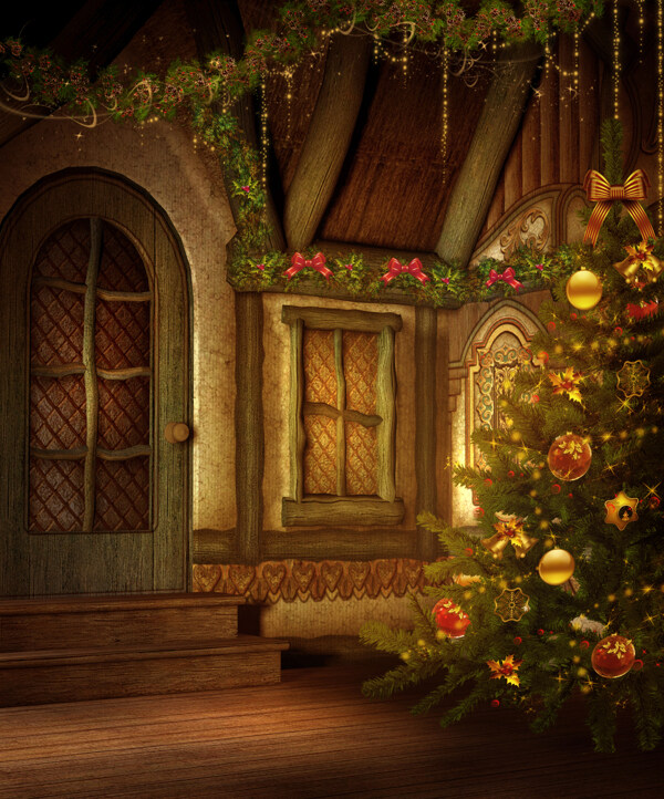 小木屋内圣诞装饰背景图片