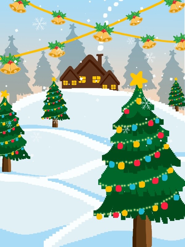 手绘冬季雪地圣诞树背景设计
