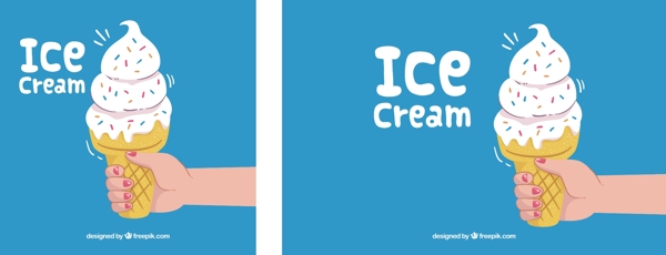 扁平风格手拿冰淇淋蓝色背景
