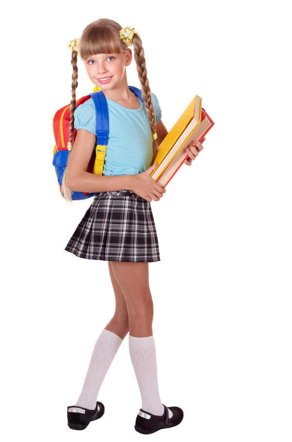 背着书包抱着书的外国小女孩图片