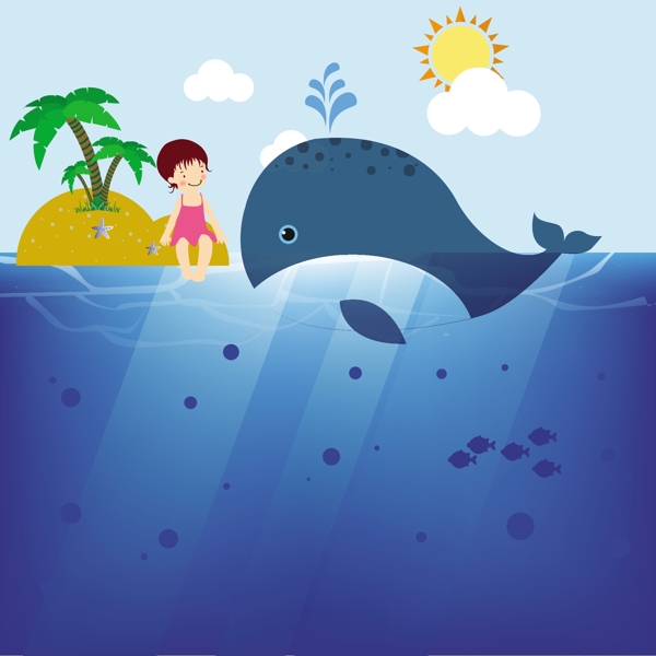 大鲸鱼小女孩海洋背景