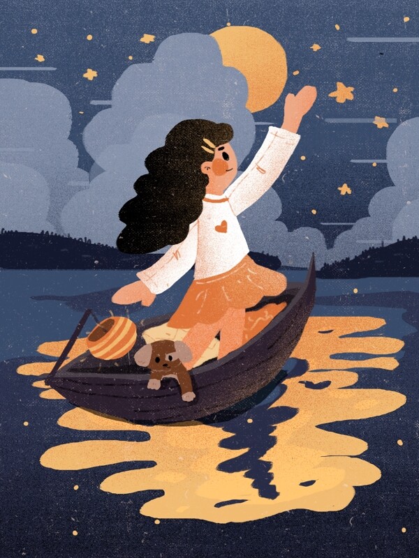 晚安世界梦幻治愈乘船的女孩插画
