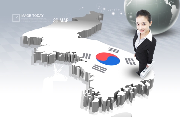 站在立体韩国地图上的商务女士