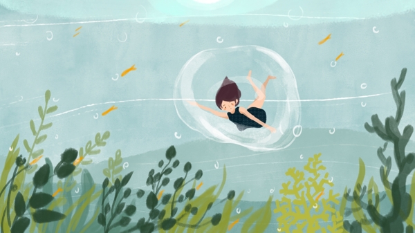 水中花园潜水女孩手绘插画