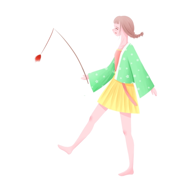 小清新手绘钓鱼的女孩插画设计