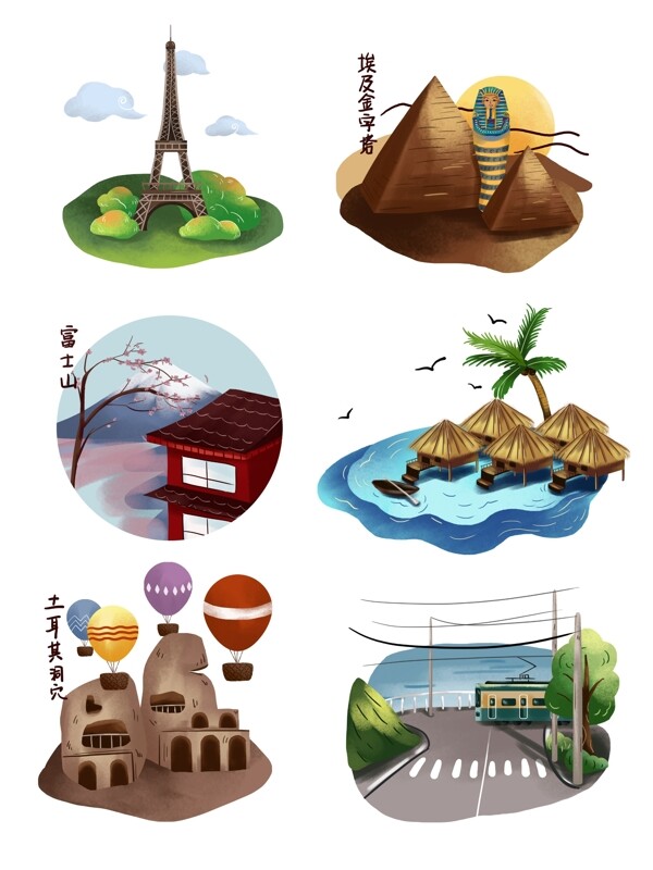 中国旅游日周游世界手绘元素