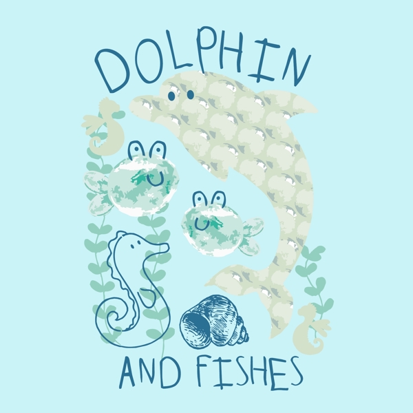 印花矢量圖嬰童卡通動物魚藍色免費素材