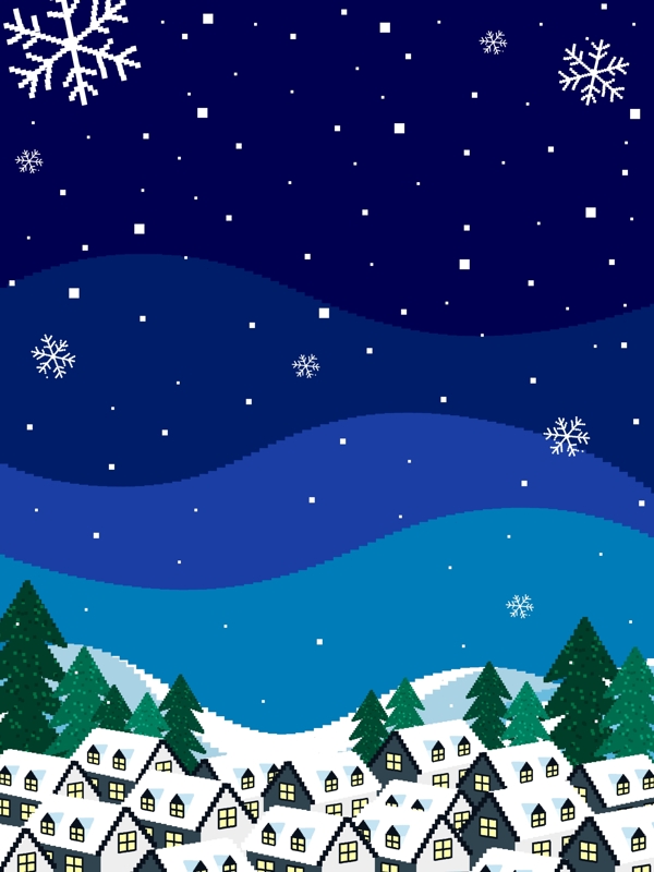手绘蓝色夜空下的雪屋圣诞背景素材