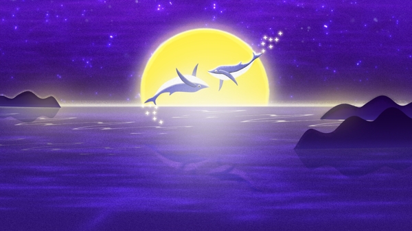 蓝天下的海水黄色月亮鲸鱼卡通背景