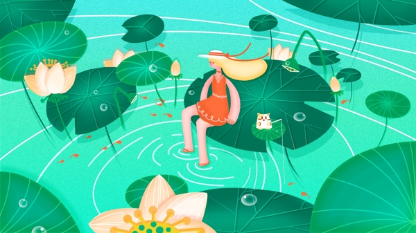 夏日女孩小清新處暑節(jié)氣插畫
