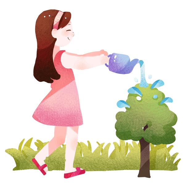 植树节给树木浇水的小女孩插画