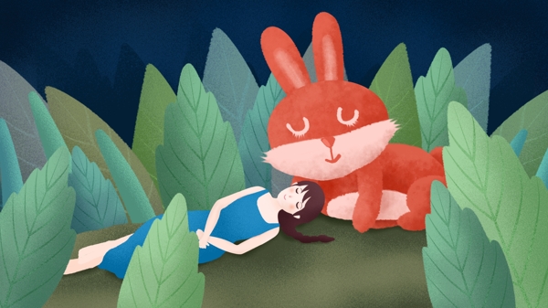 原创插画晚安你好草丛里的女孩与兔子