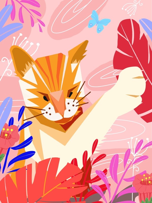 猫咪的丛林日记扁平风格小清新插画